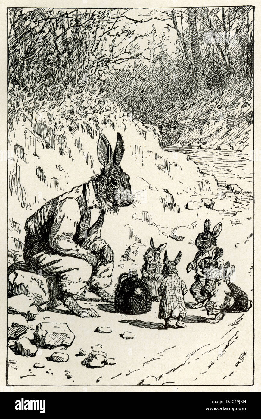 Brer coniglio e la sua brocca di melassa, con il piccolo Rabs. Foto Stock