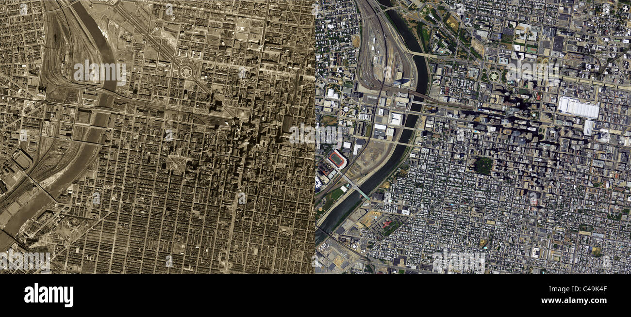 Antenna storico confronto mappa 1950 2010 Filadelfia Pennsylvania Foto Stock