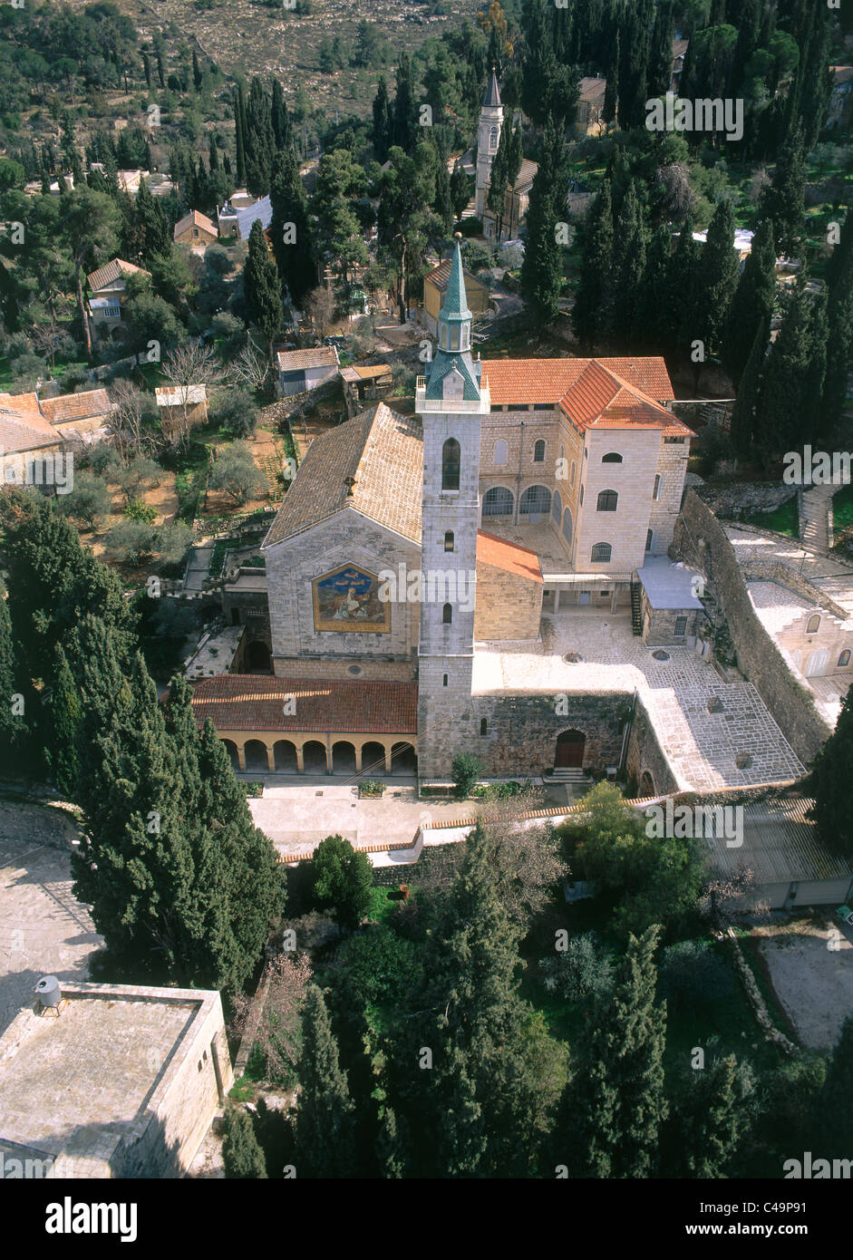 Fotografia aerea della chiesa della Visitazione di Ein Kerem Foto Stock