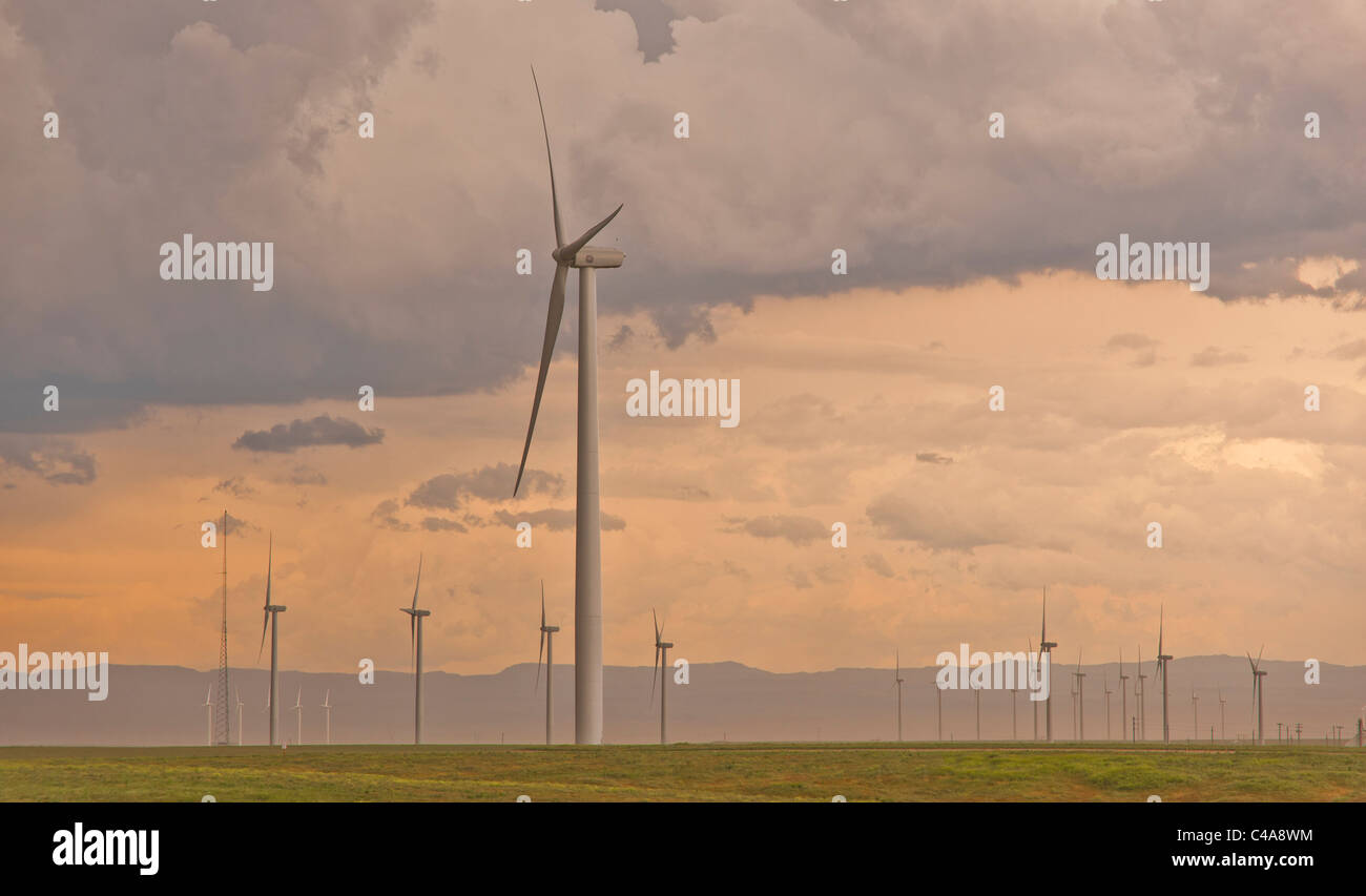 Le turbine eoliche churn all'alba in Idaho. Foto Stock