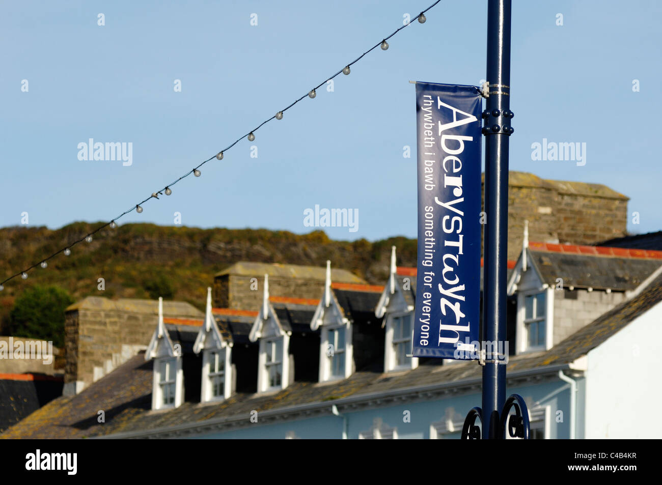 Banner promuovere la città di Aberystwyth come avente un qualcosa per tutti", il Galles Foto Stock