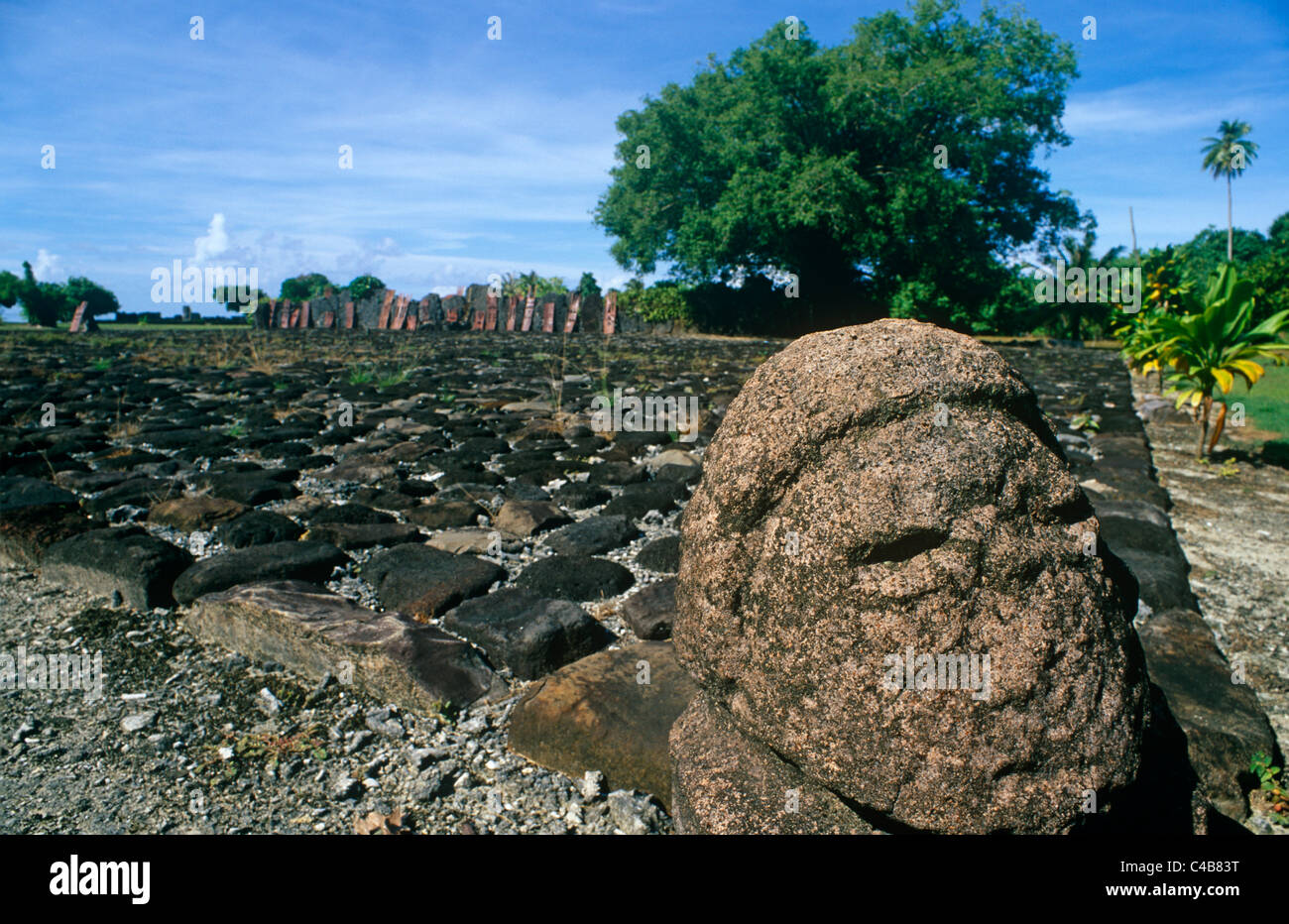 Polinesia francese Isole della Società, Isole Sottovento, Ra'iatea, Taputapuatea. Restaurata nel 1994, il marae - un sacro polinesiana Foto Stock