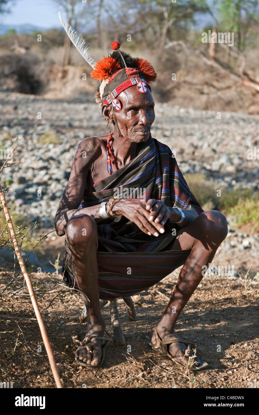 Un anziano di Pokot indossando un tipico copricapo di pelican e piume di struzzo. I Pokot sono pastori che parla di un Sud della lingua nilotica. Kenya Foto Stock Un anziano di Pokot indossando un tipico copricapo di pelican e piume di struzzo. I Pokot sono pastori che parla di un Sud della lingua nilotica. Kenya Foto Stock