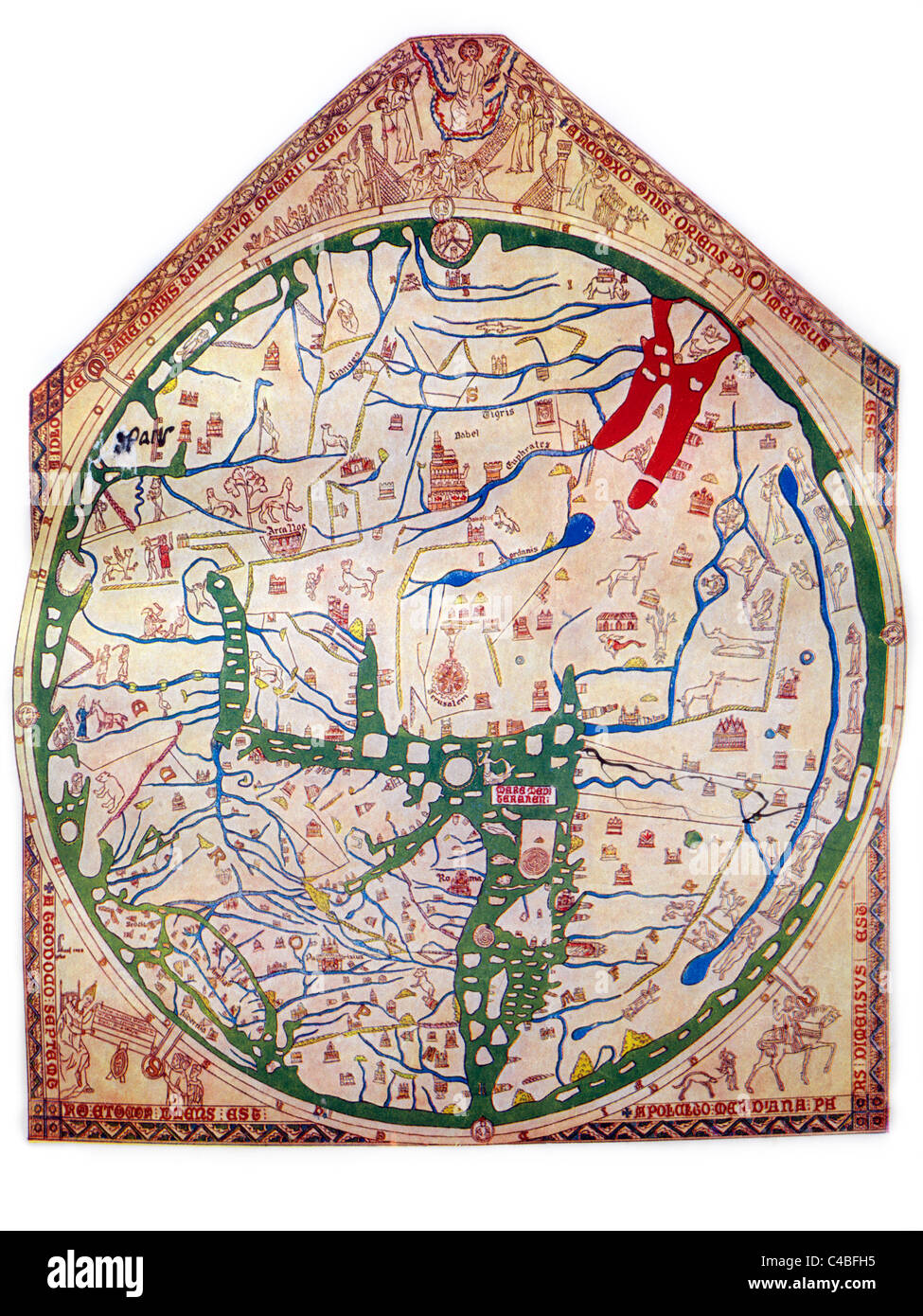 Hereford Mappa Mundi di 1280 disegnata da Richard de Haldingham e Lafford la mappa originale si blocca nella Chapter House Library Foto Stock