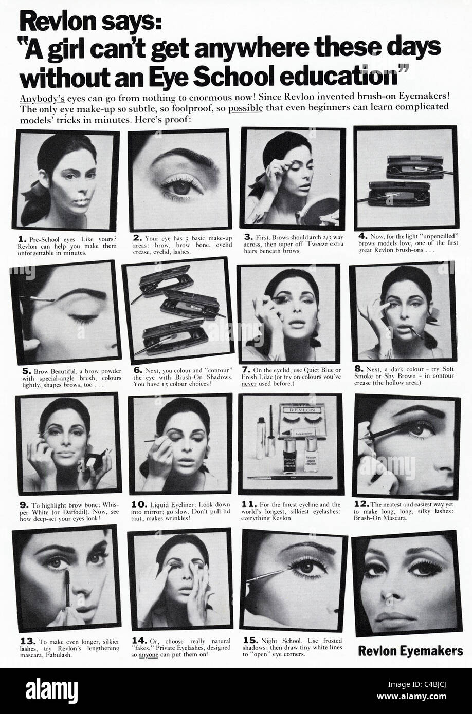 Pagina piena originale di annuncio nella rivista di moda circa 1969 per REVLON EYEMAKERS in storyboard layout stile Foto Stock