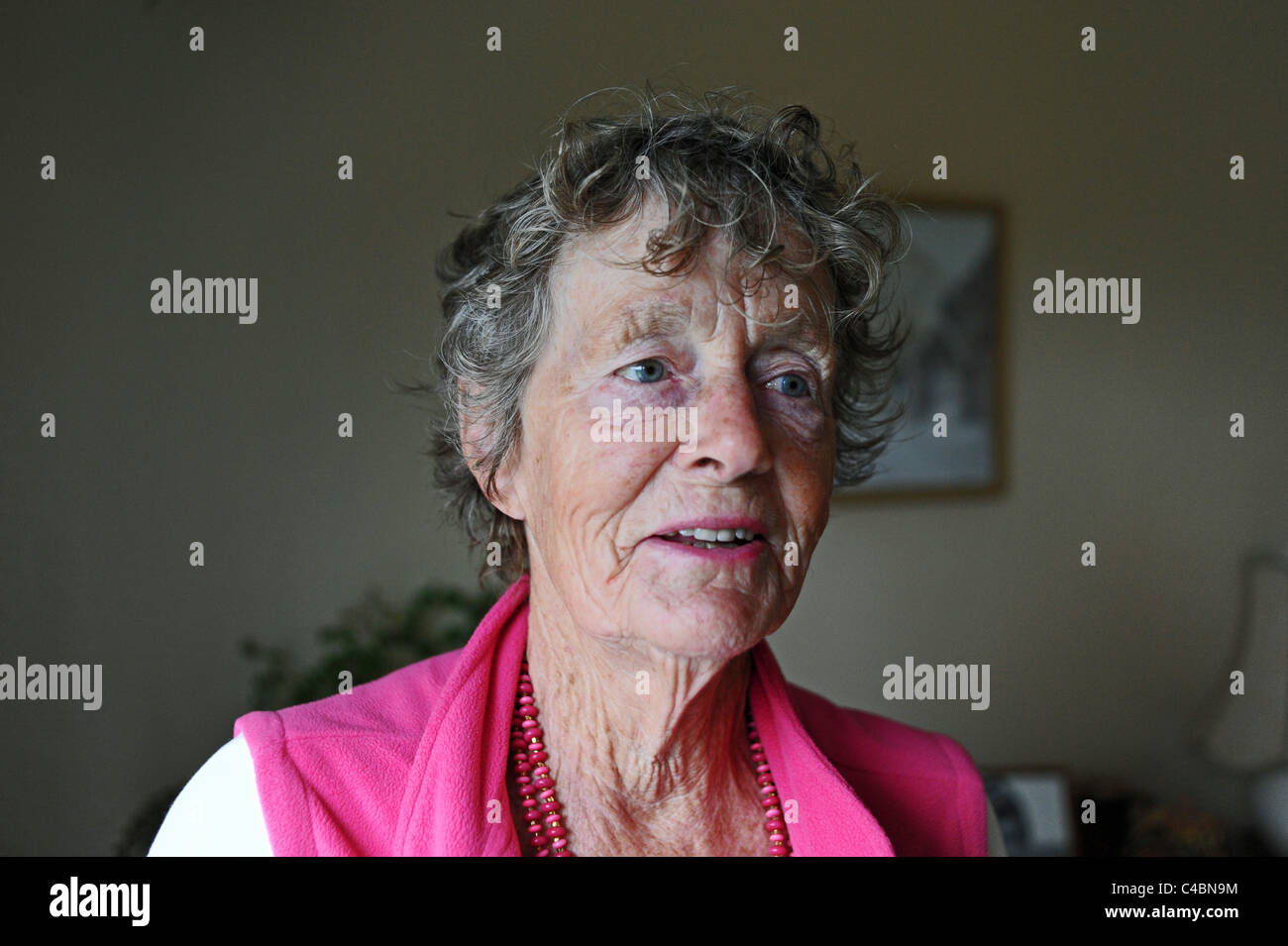 Ritratto di una donna di età titolare di pensione o di rendita di età compresa tra i 80 indossare top rosa REGNO UNITO Foto Stock