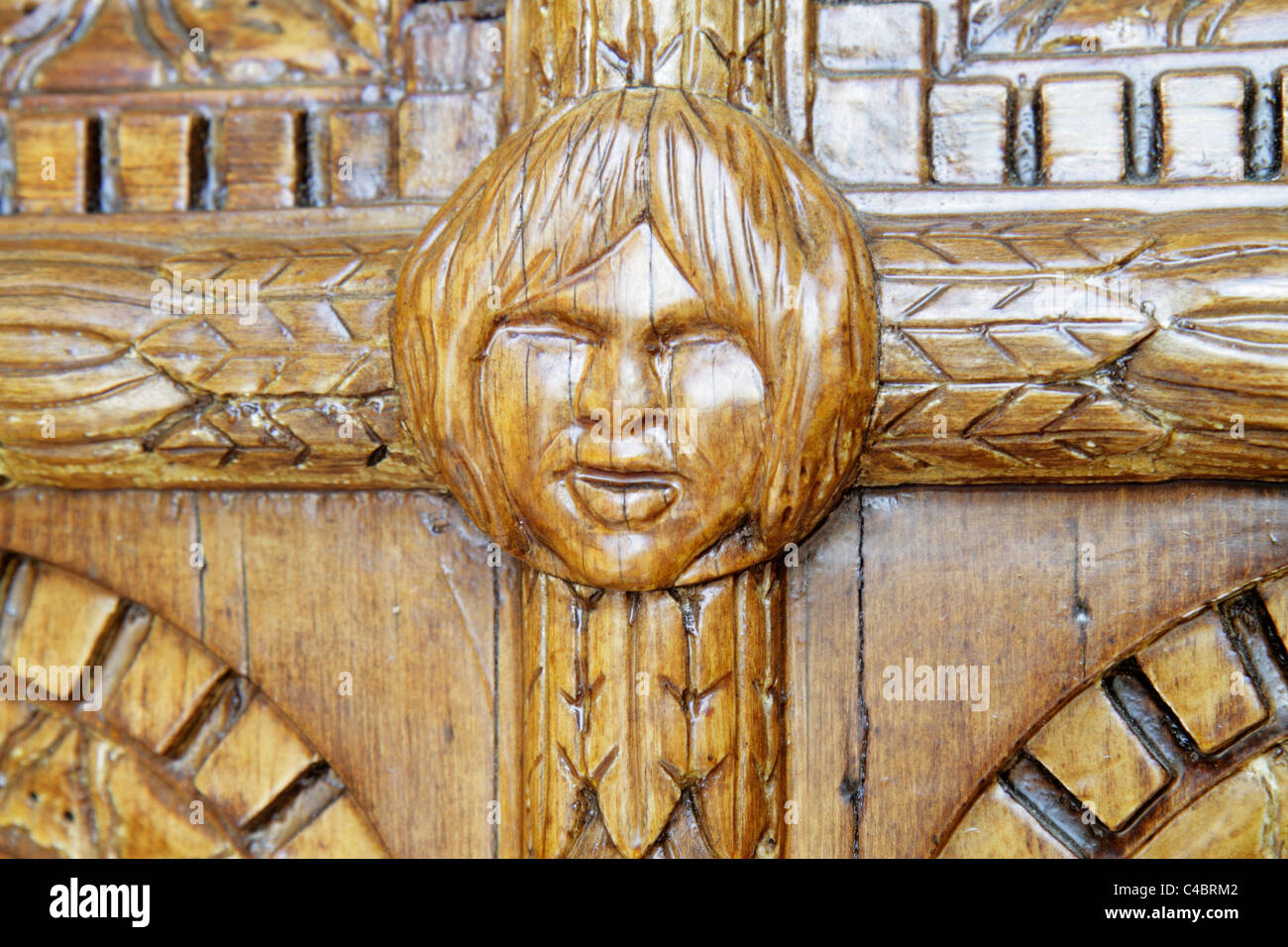 St. Augustine Florida,Memorial Presbyterian Church,1890,stile rinascimentale veneziano,edificio,fronte,ingresso,dettaglio porta,primo piano,scultura in legno,Nat Foto Stock