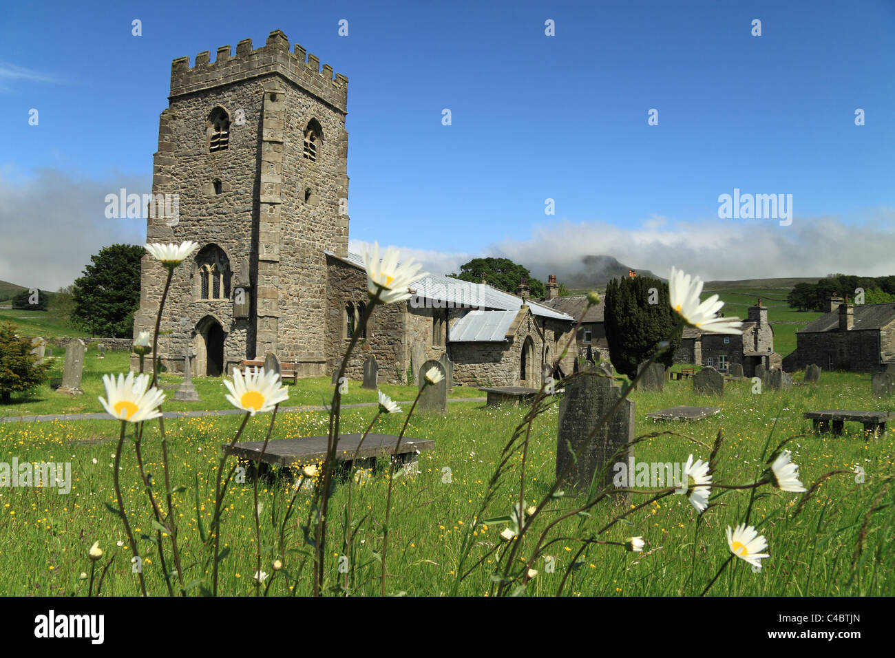 Fiori Selvatici nella parte anteriore del St Oswald è la Chiesa, Horton-In-Ribblesdale, Yorkshire Dales, Pen-y-Ghent è in background Foto Stock