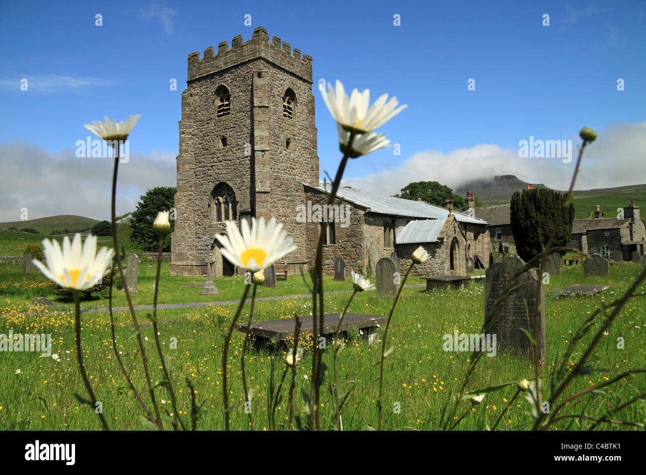 Fiori Selvatici nella parte anteriore del St Oswald è la Chiesa, Horton-In-Ribblesdale, Yorkshire Dales, Pen-y-Ghent è in background Foto Stock