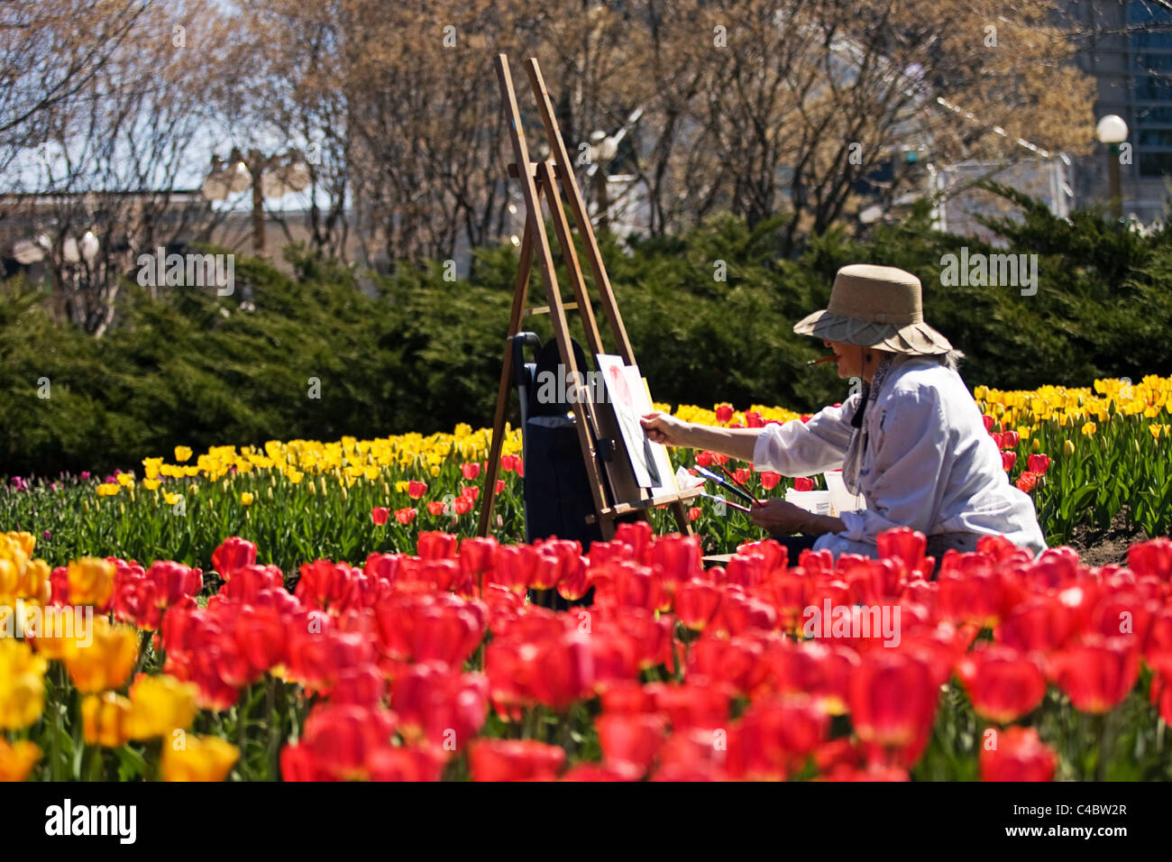 Maggio 2011. Ottawa artista Denise Levesque lavorare su un dipinto durante il 2011 National Tulip Festival di Ottawa Ontario Canada. Foto Stock