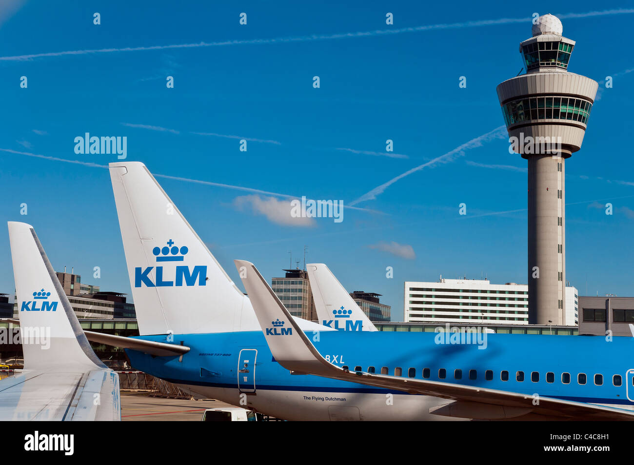KLM Boeing 737 dotato di aletta, Amsterdam Schiphol Airport, Paesi Bassi Foto Stock