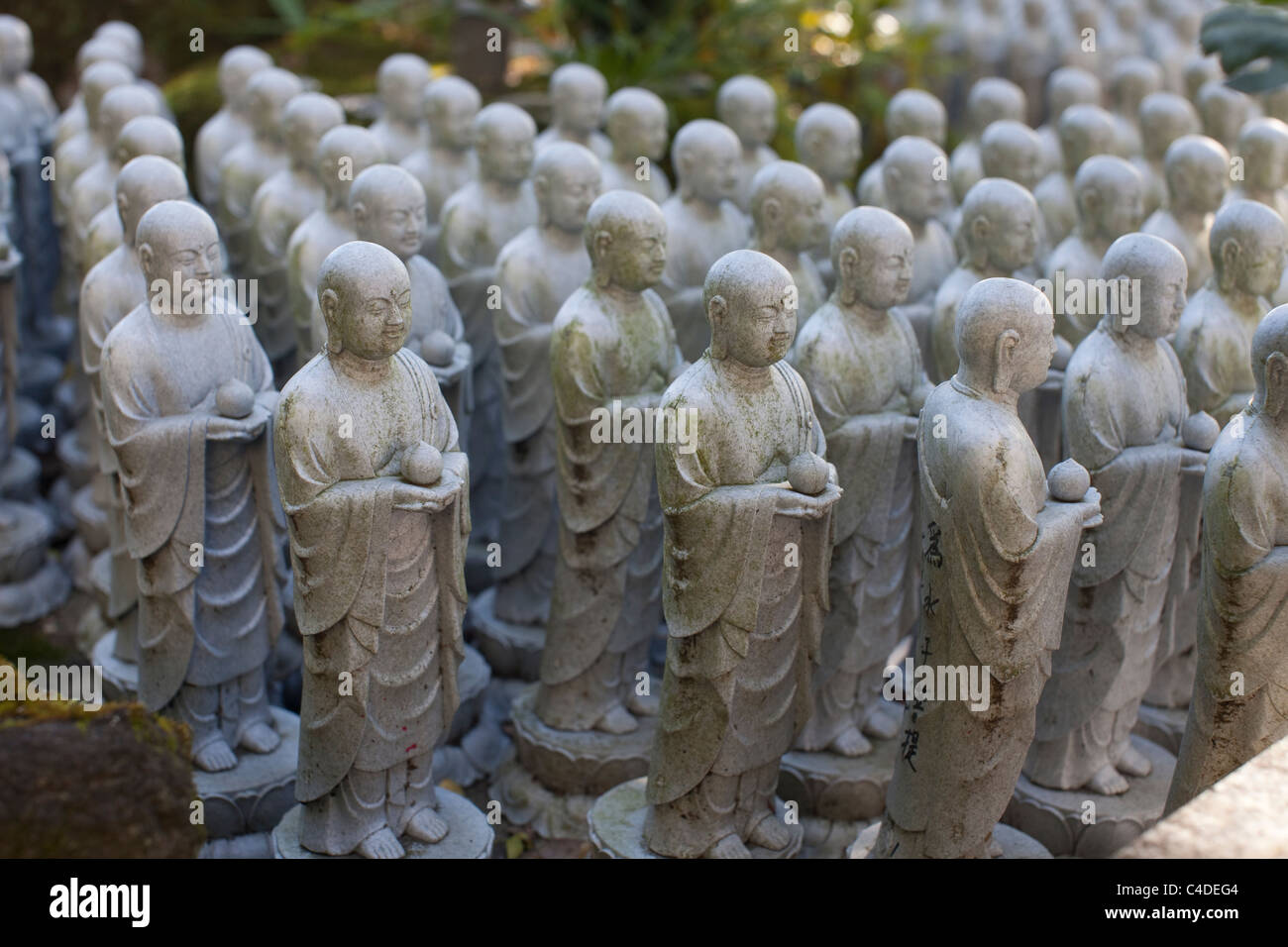 File di piccole statue di Jizo a Hase-dera tempio a Kamakura, Giappone. Foto Stock
