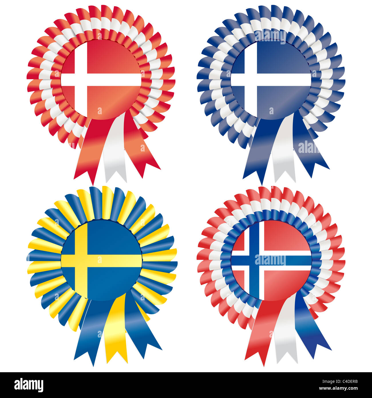 Rosette di rappresentare paesi europei del nord, tra i quali la Danimarca, la Finlandia, la Norvegia e la Svezia Foto Stock