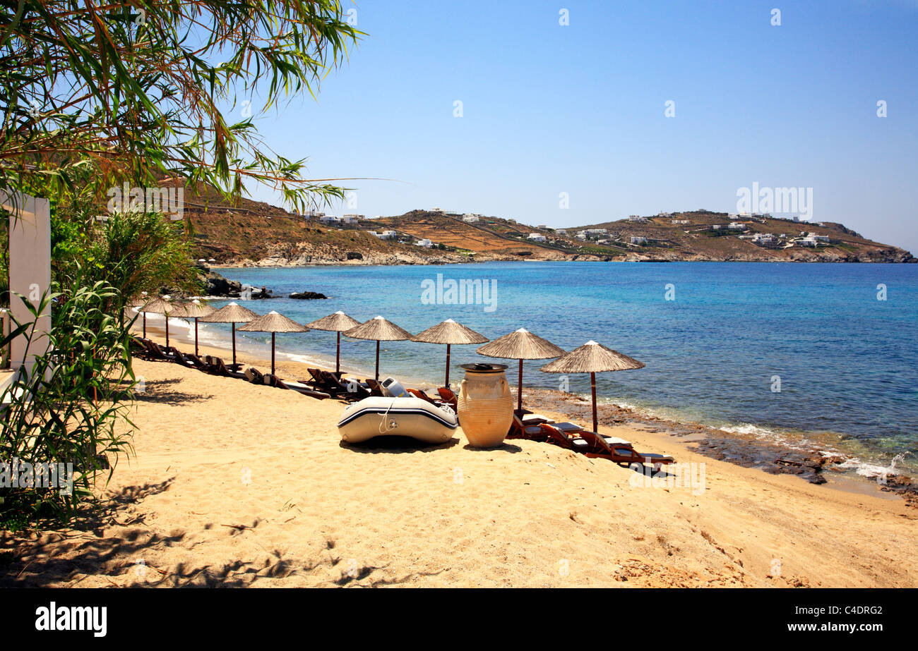 Agios Ioannis Mykonos Shirley Valentines Beach Cicladi isola del Mar Egeo Grecia UE Unione europea EUROPA Foto Stock