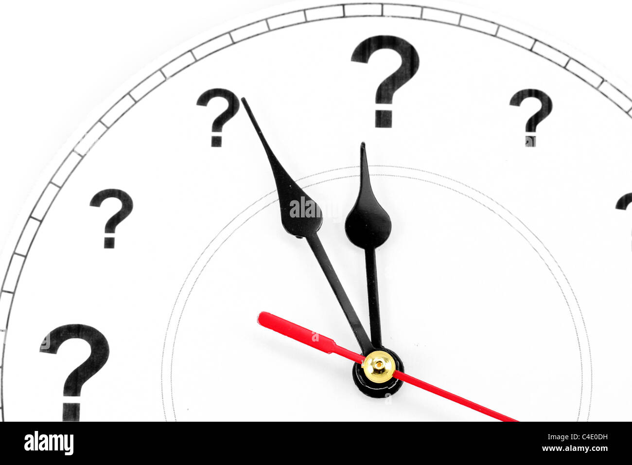 Punto interrogativo orologio, il concetto di tempo Foto Stock