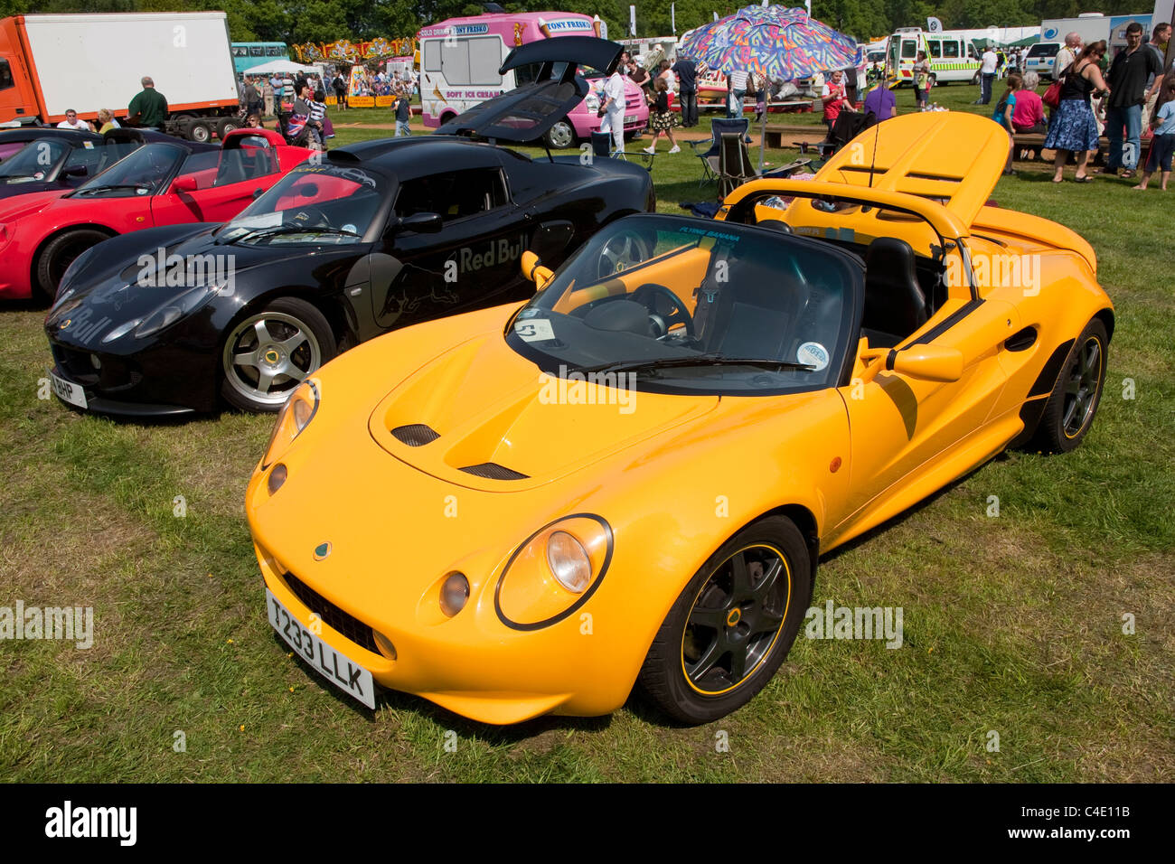 Fila di Lotus Elise auto sul display a Surrey Heath Show, Frimley Park Lodge, Surrey Foto Stock