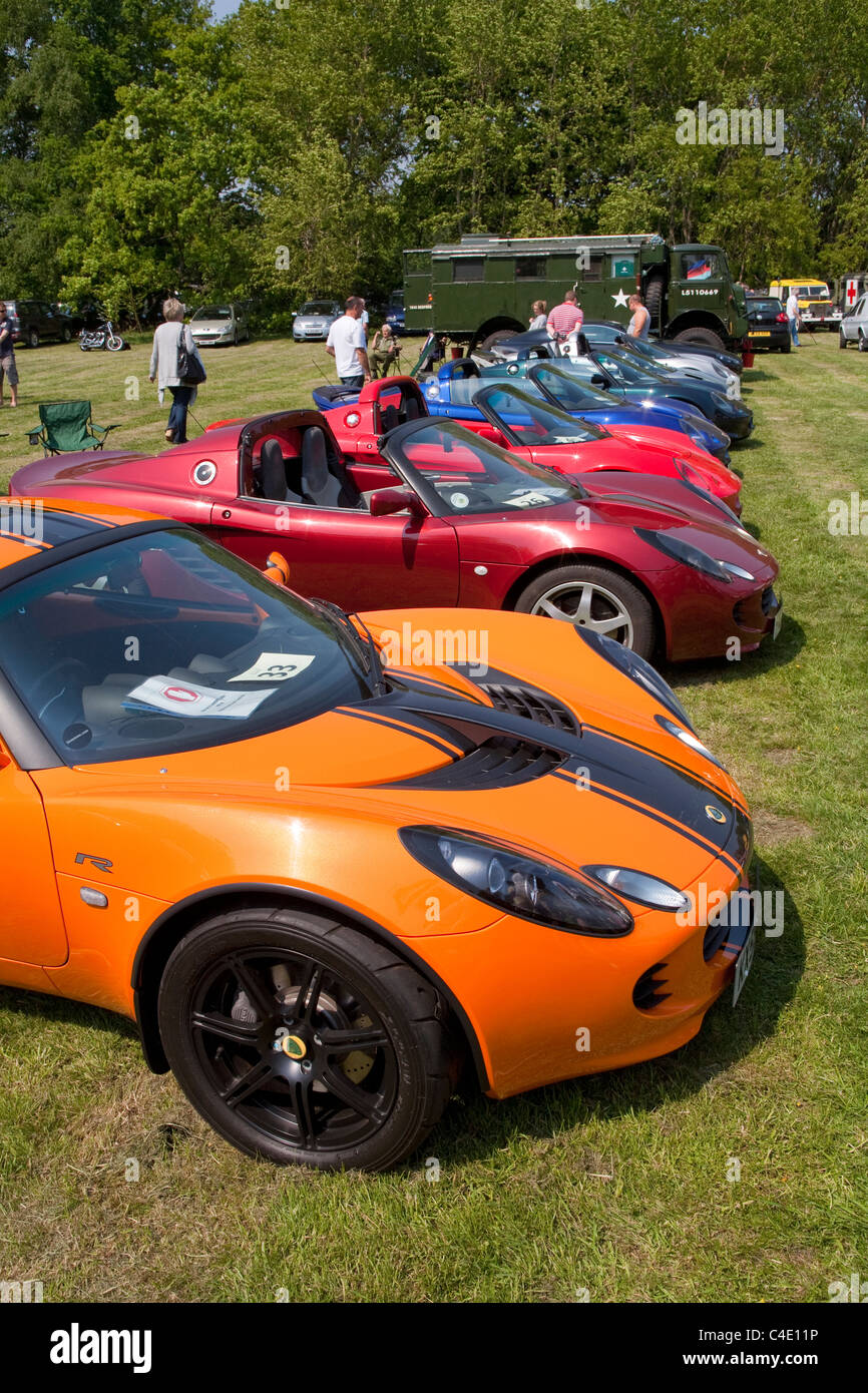 Fila di Lotus Elise auto sul display a Surrey Heath Show, Frimley Park Lodge, Surrey Foto Stock