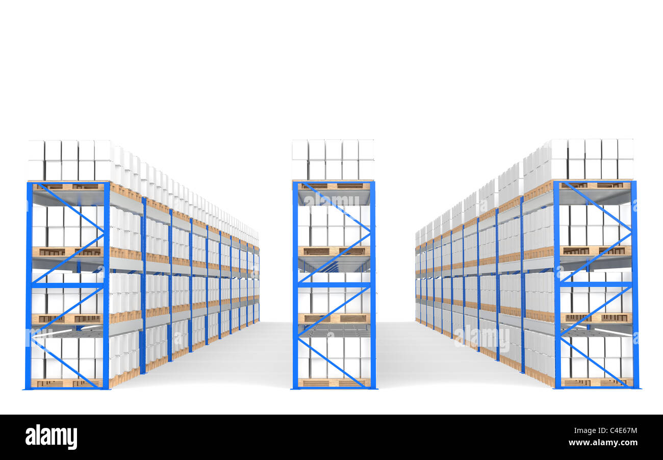 Ripiani del magazzino, in vista frontale con le ombre. Parte di un deposito di colore blu e la logistica serie. Foto Stock