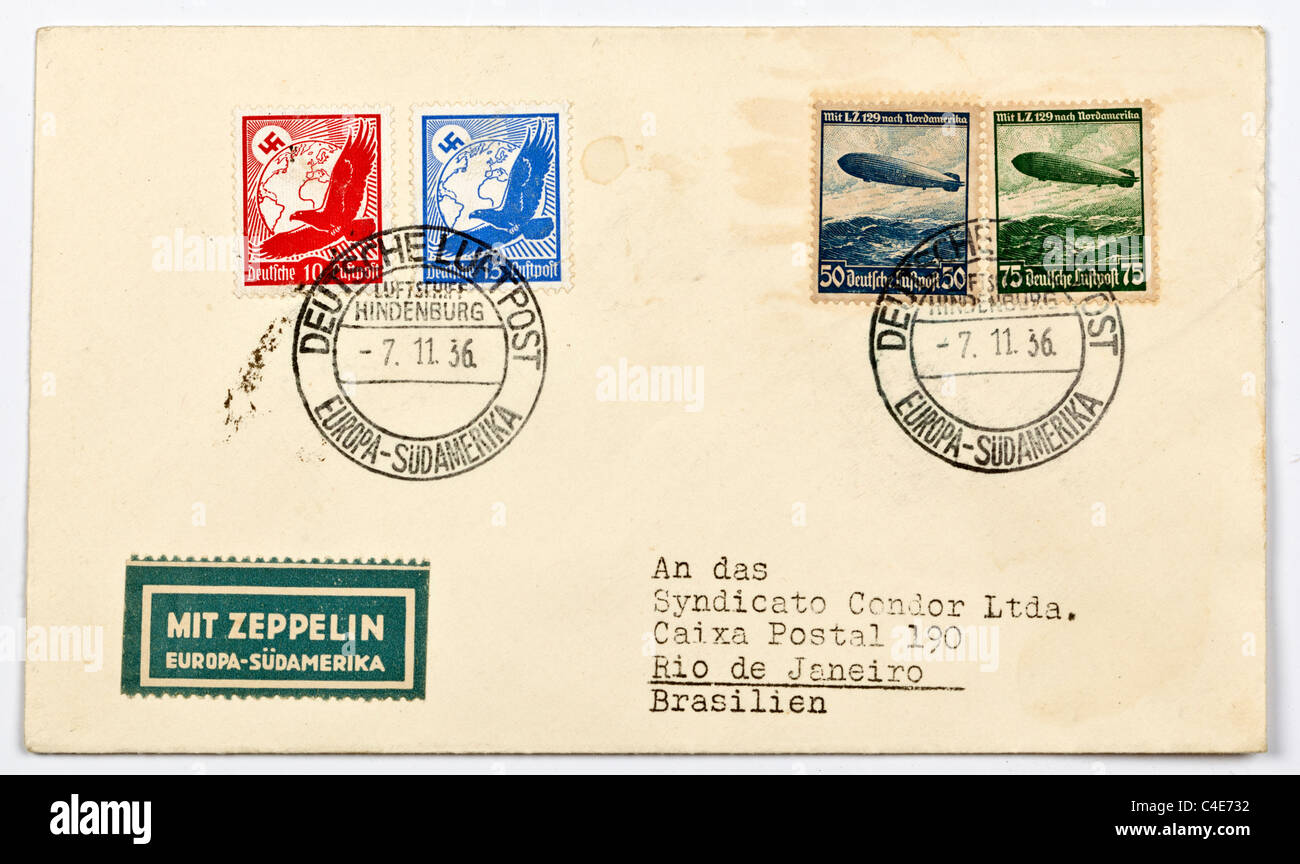 Un vintage lettera inviata dal tedesco Post tramite gli altoparlanti Zeppelin Hindenburg dall'Europa a Rio de Janeiro la data stampata 7.11.1936 Foto Stock