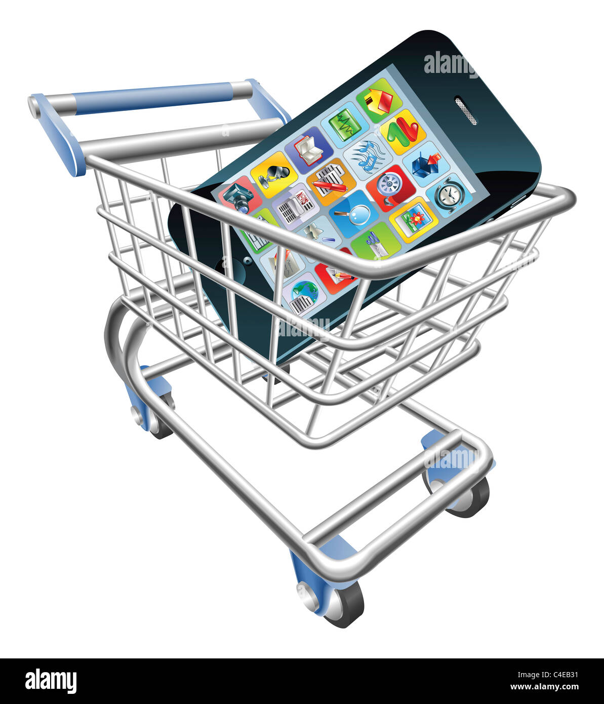 Una illustrazione di un carrello spesa carrello con smart phone telefono cellulare Foto Stock