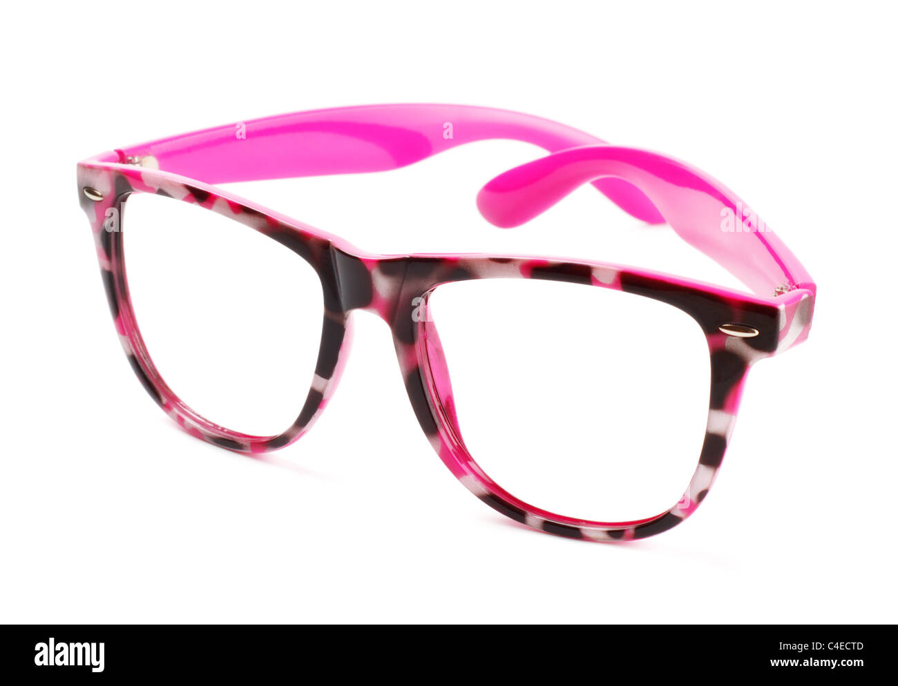 Divertenti occhiali rosa isolato su sfondo bianco Foto Stock