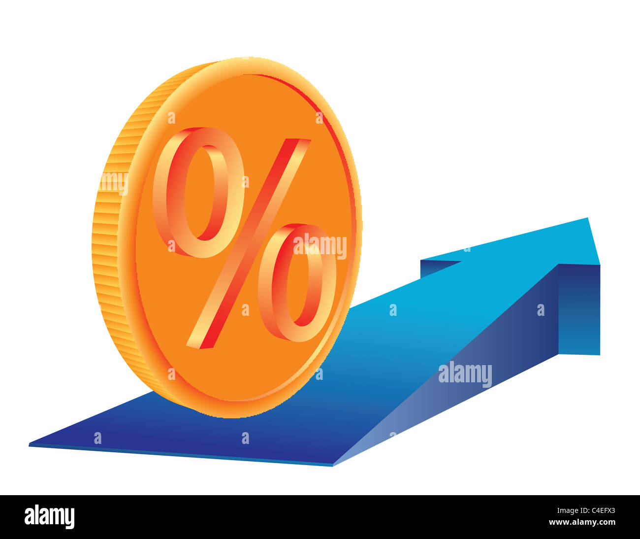 I soldi moneta con un segno di percentuale sulla crescita della freccia trend. Abstract il concetto di business illustrazione. Foto Stock