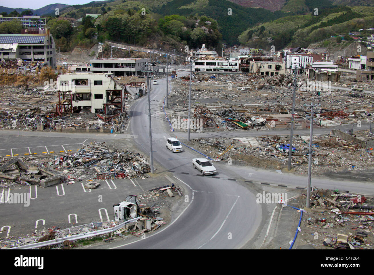 La città devastata da Tsunami Onagawa Miyagi Giappone Foto Stock