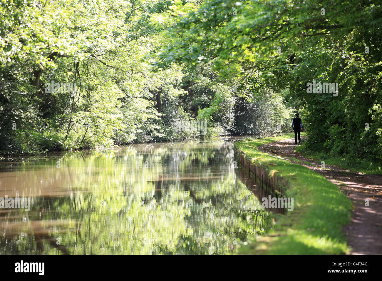 Un uomo a piedi in distanza lungo la strada alzaia del Leeds e Liverpool canal, vicino a Skipton, North Yorkshire, Inghilterra, Regno Unito Foto Stock