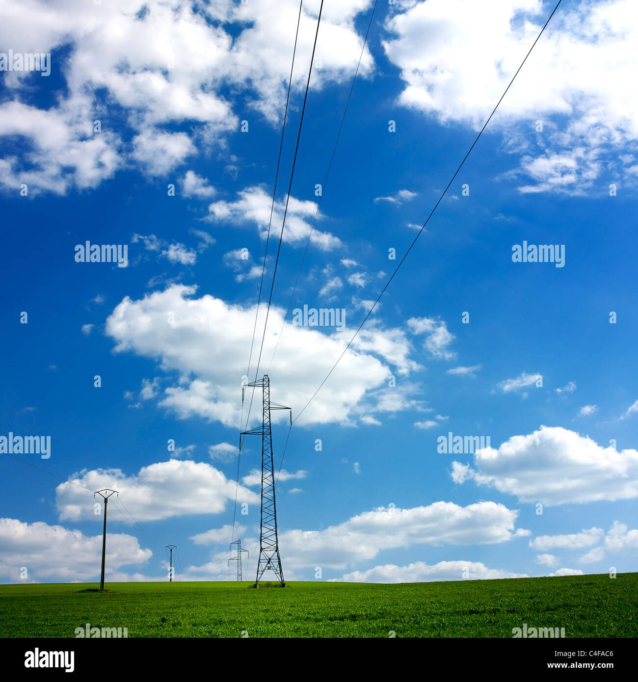 Le linee elettriche si estendono attraverso un cielo blu con soffici nuvole sui campi verdi durante una giornata di sole Foto Stock