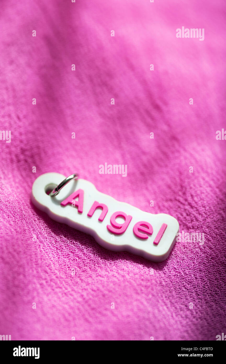 Angelo Rosa tag di plastica su un tessuto rosa sfondo nella luce del sole Foto Stock
