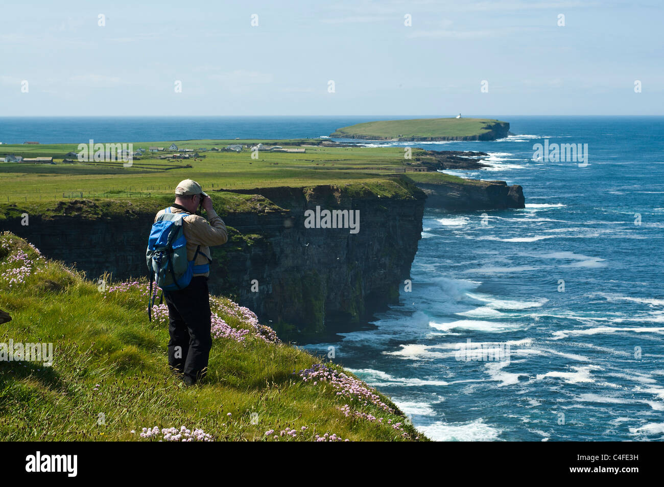 dh Scottish Seacliffs estate BIRSAY ORKNEY Birdwatcher guardando bird watcher Uccelli uomo scogliera bordo binocolo costa Regno Unito scozia Foto Stock