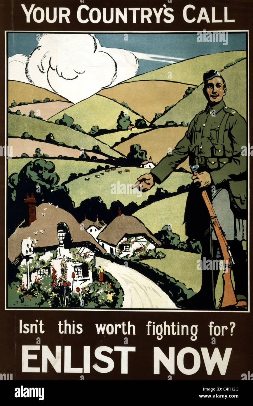 Arruolamento adesso. Poster raffigurante un soldato gesticolando verso un paesaggio idilliaco. Foto Stock