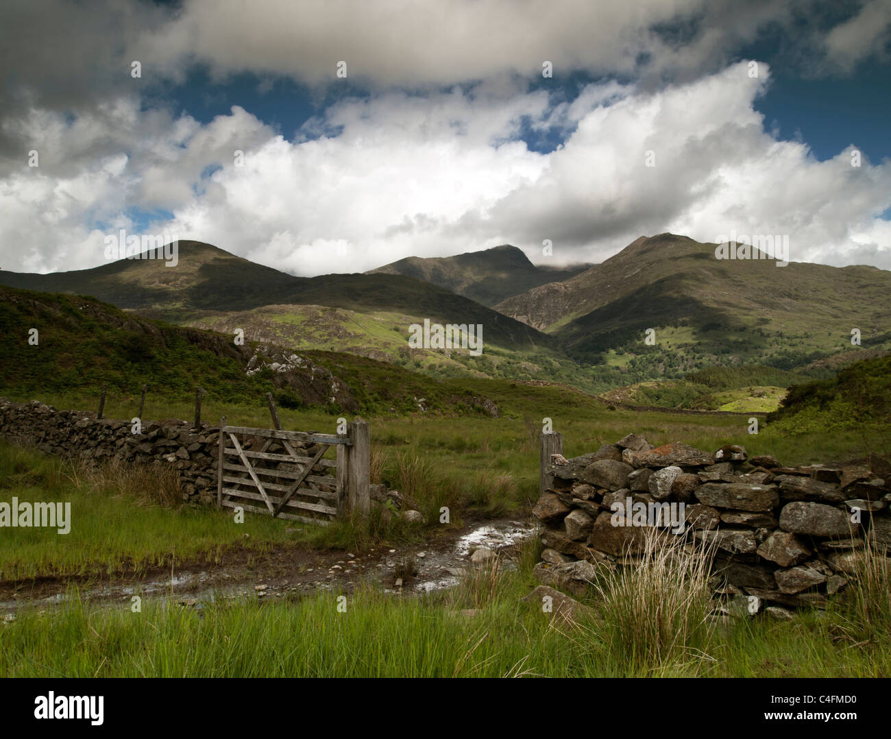 Snowdon (sullo sfondo al centro), da sud est nel Parco Nazionale di Snowdonia, il Galles del Nord Foto Stock