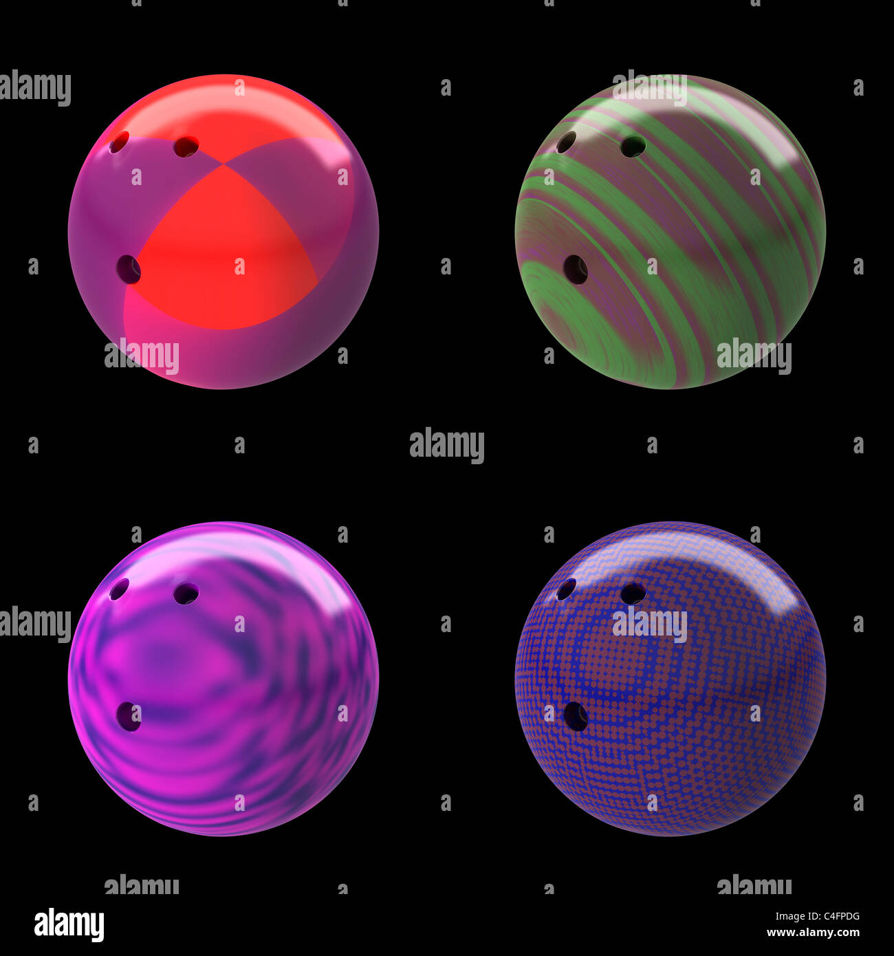Quattro coloratissimi palle da bowling isolati su sfondo nero Foto Stock