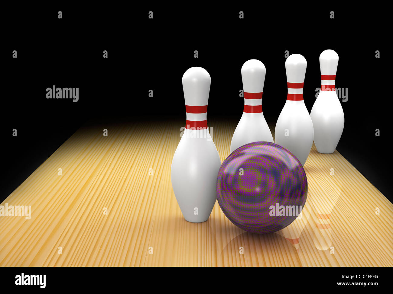 Ten pin bowling lane con sfera di malva in azione il prelievo di uno stendibiancheria di ricambio su sfondo nero Foto Stock
