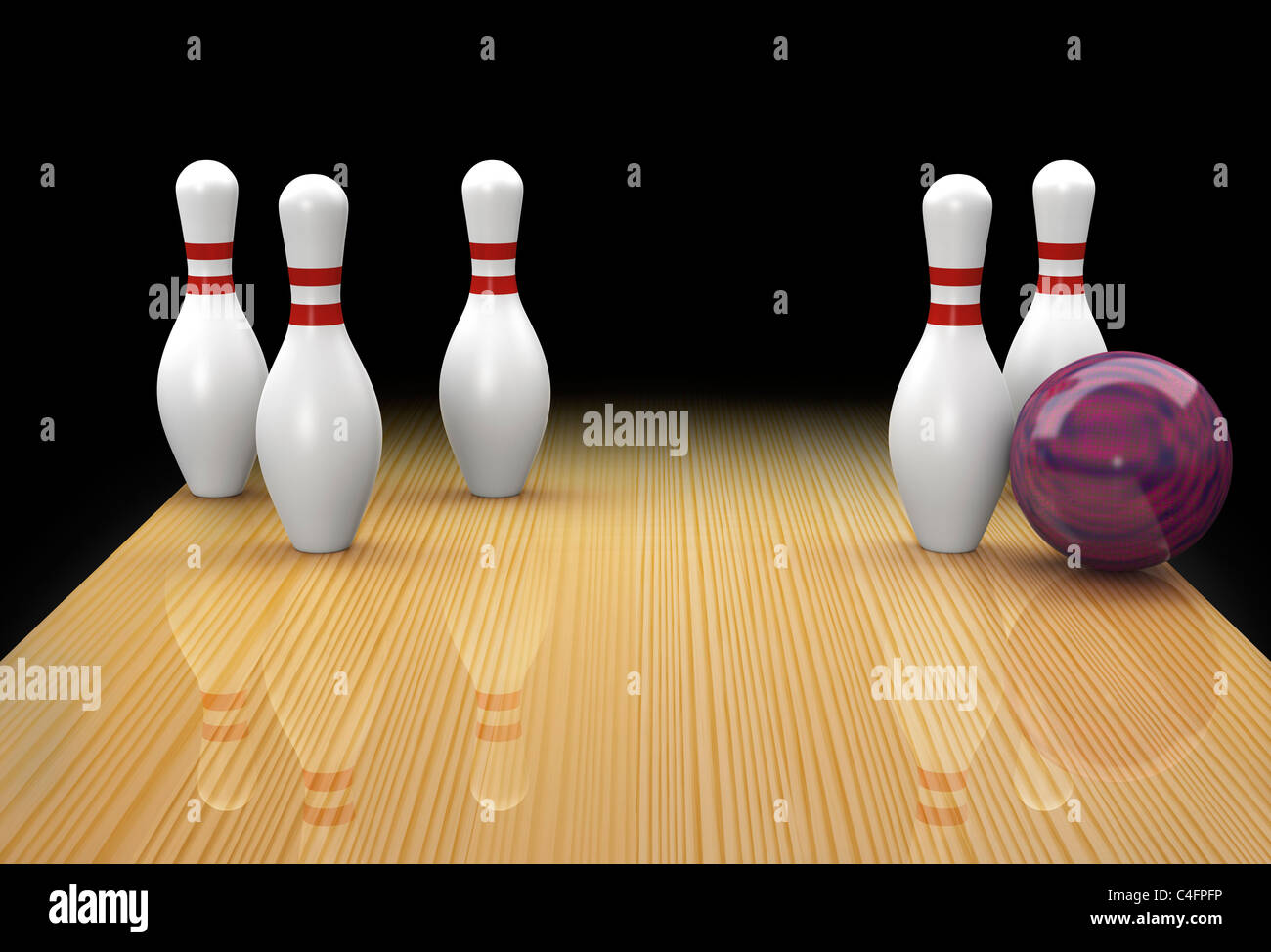 Ten pin bowling lane con sfera di malva in azione il prelievo di una chiesa greca di ricambio su sfondo nero Foto Stock