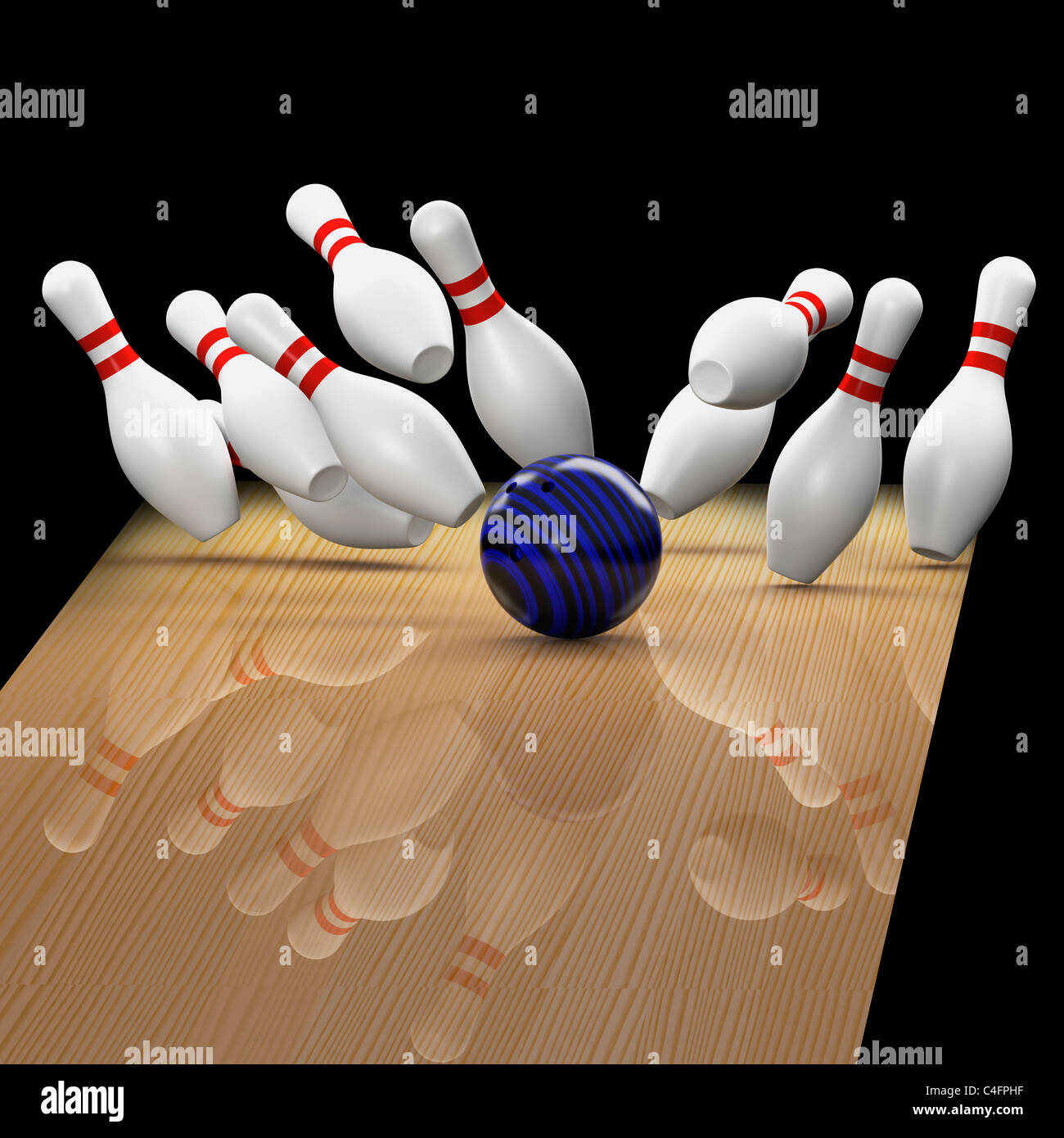 Bowling uno sciopero in azione con tutti i perni in aria su sfondo nero Foto Stock