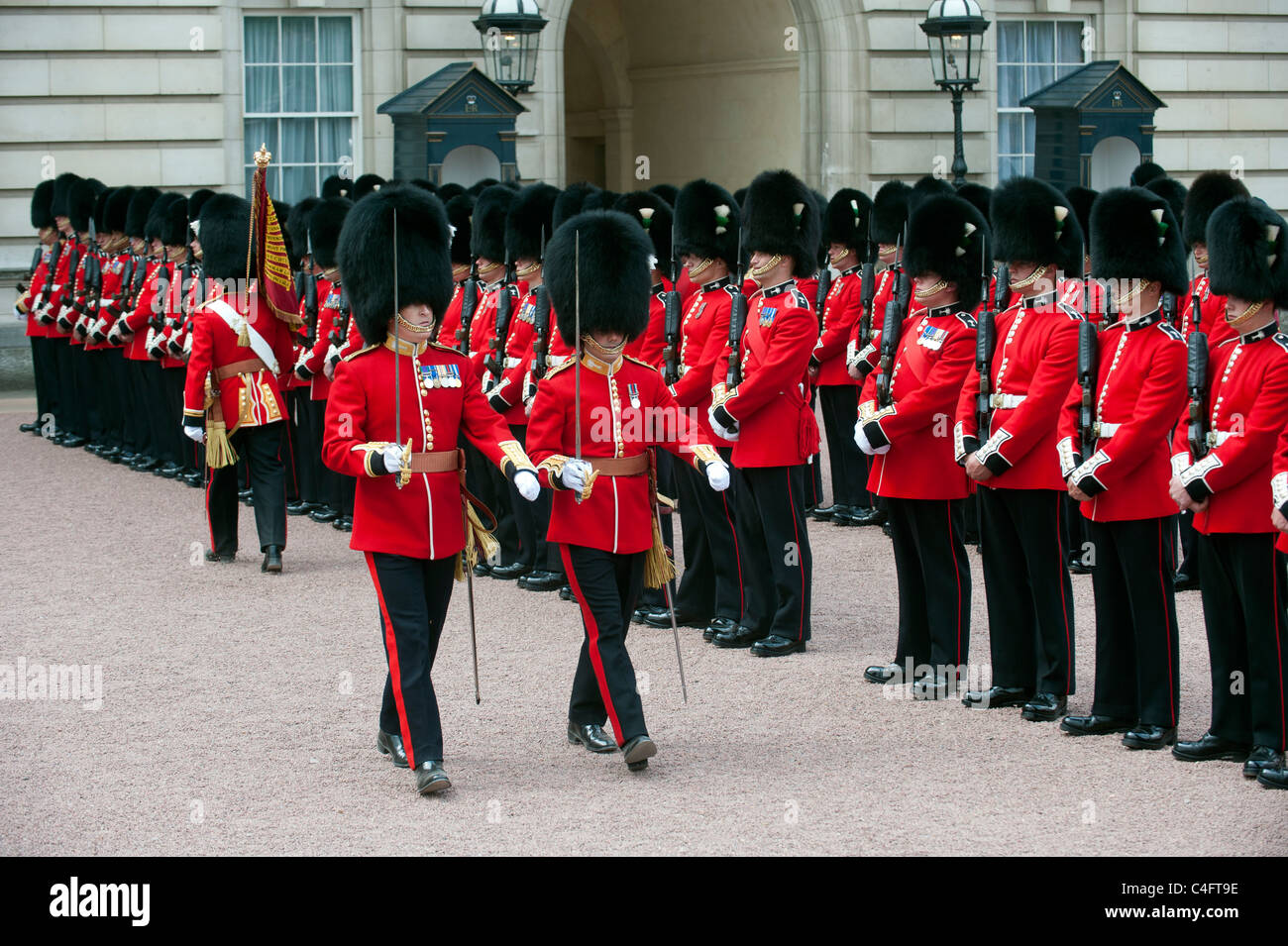 Irlandese guardie reggimento sul dazio cerimoniali a Buckingham Palace a Londra. Foto Stock