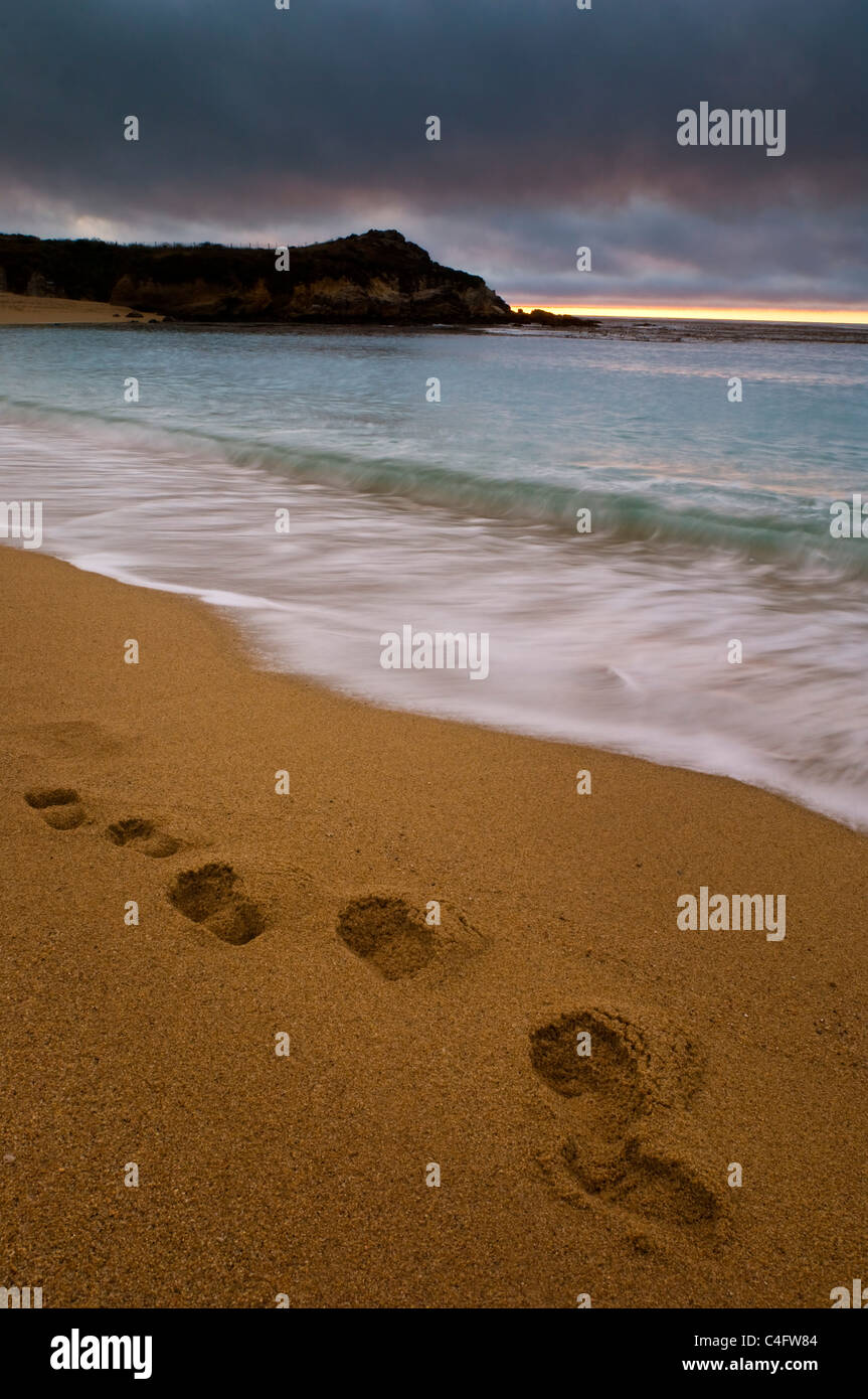 Onde che si infrangono accanto a impronte di sabbia in spiaggia al tramonto, Fiume Carmel membro Beach, California Foto Stock