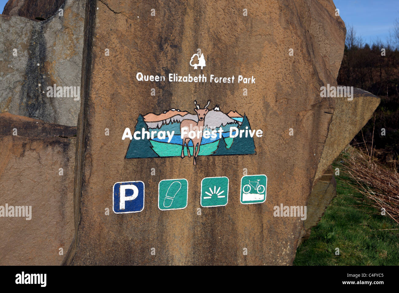 Lastre di roccia all'ingresso Achray Forest Drive nel Queen Elizabeth Forest Park vicino Aberfoyle, Scozia Foto Stock