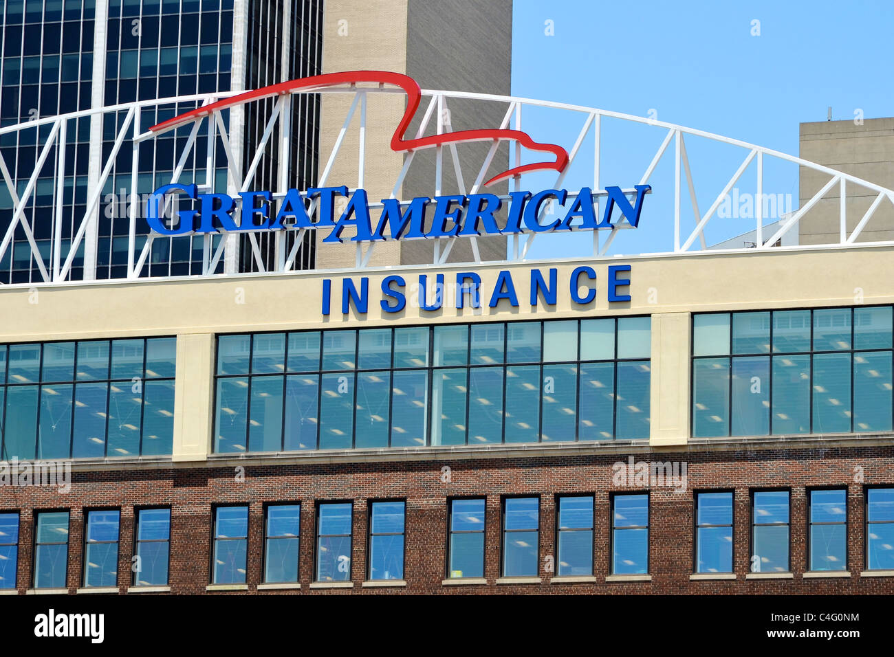 Great American Insurance segno al di sopra dell'edificio a Cincinnati, Ohio Foto Stock