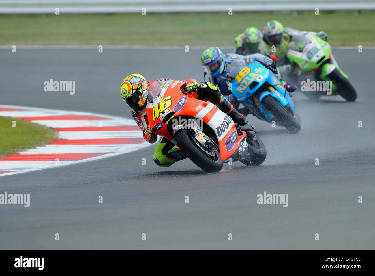 Valentino Rossi, Alvaro Bautista, Loris Capirossi e randy de Puniet in condizioni di bagnato, moto gp, 2011, Foto Stock