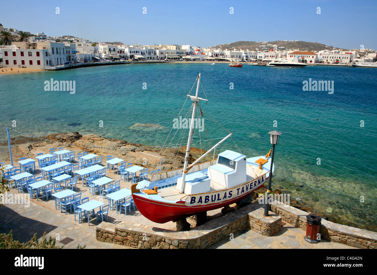 Porto di Mykonos e Taverna Cicladi isola del Mar Egeo Grecia UE Unione europea EUROPA Foto Stock