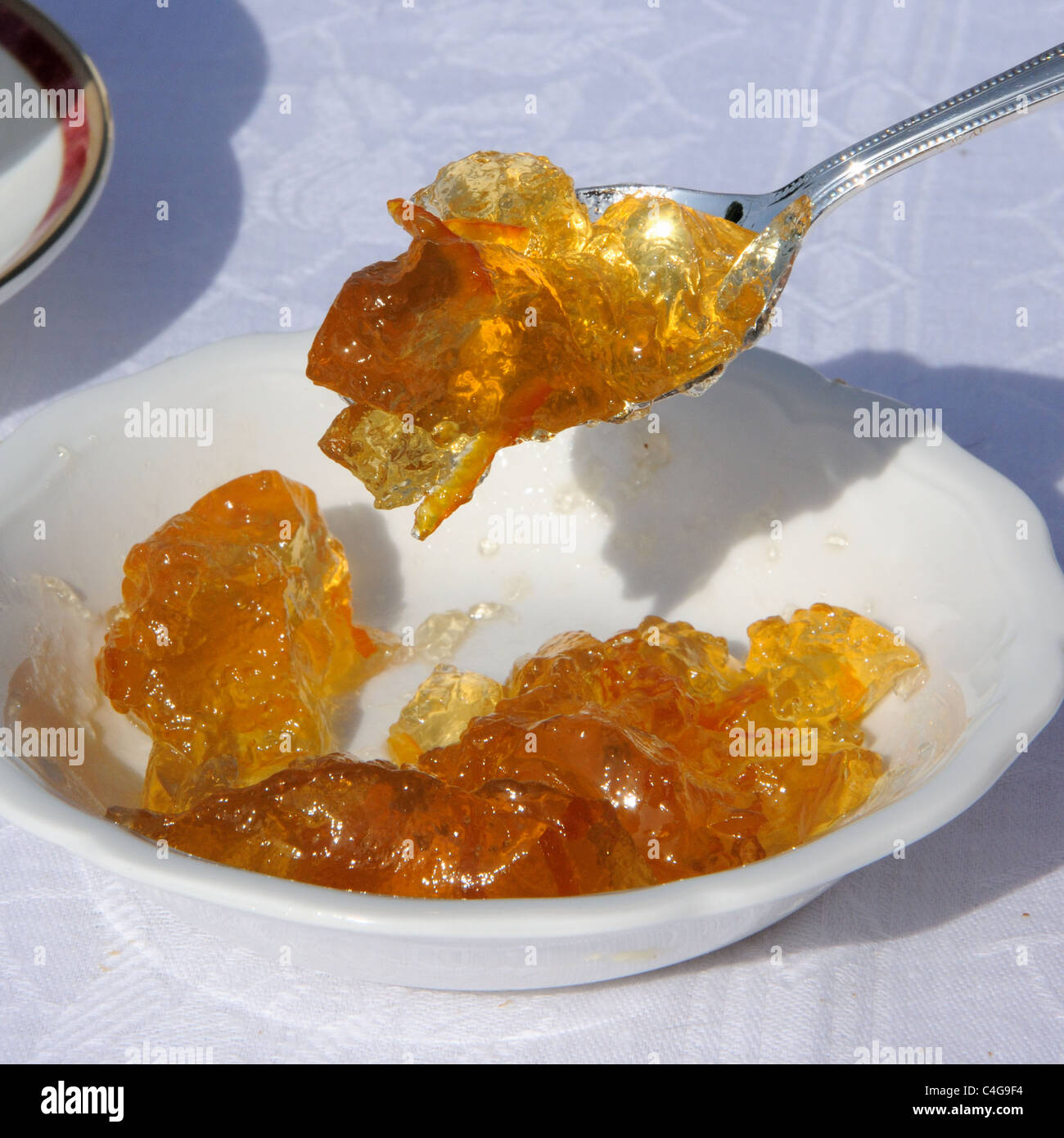 Marmellata di arance in un bianco piatto di ceramica con un cucchiaio d'argento. Foto Stock
