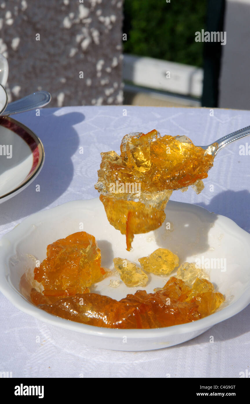 Marmellata di arance in un bianco piatto di ceramica con un cucchiaio d'argento. Foto Stock