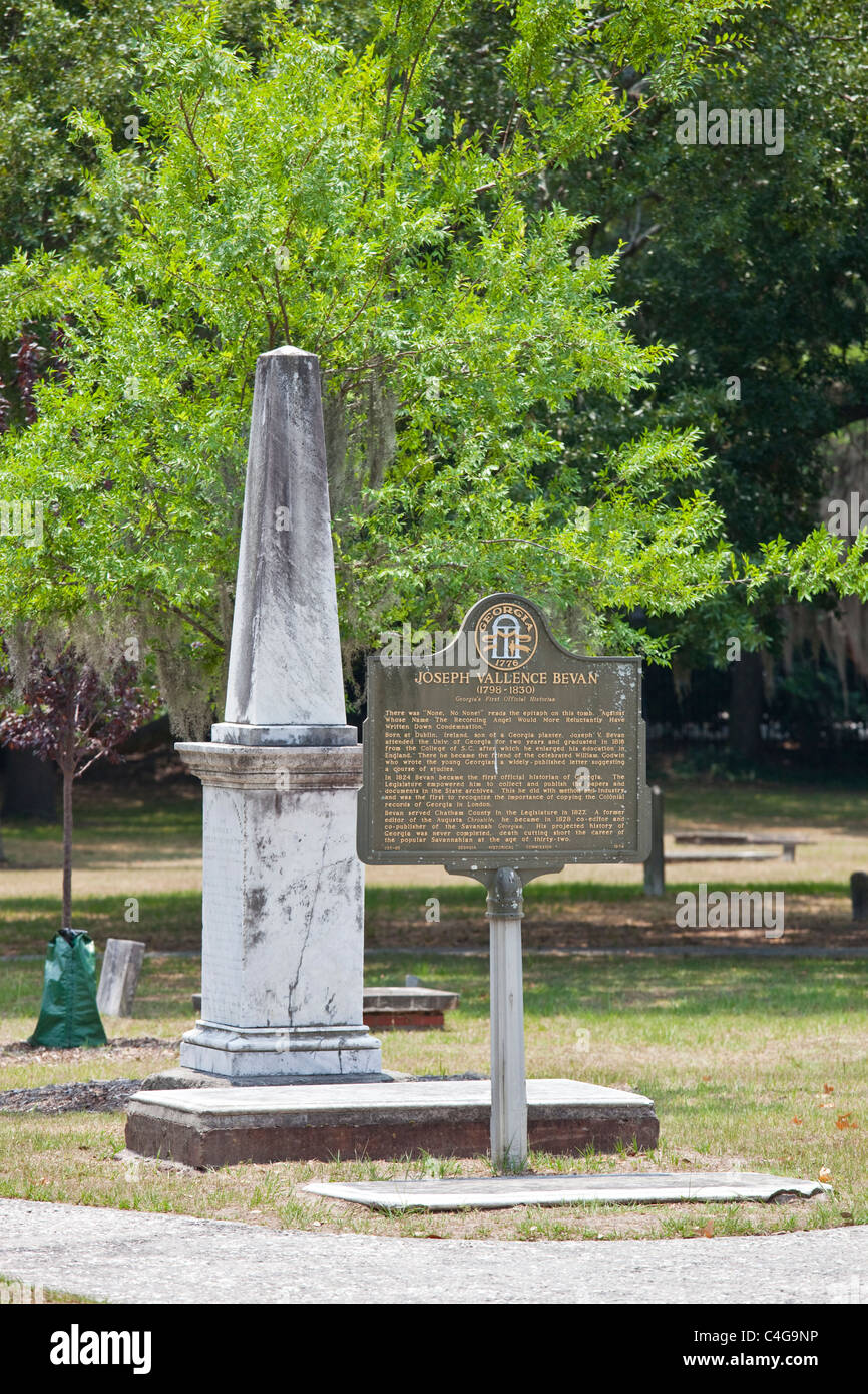 Tomba di Giuseppe Vallence Bevan, coloniale Cimitero Parco a Savannah, Georgia Foto Stock