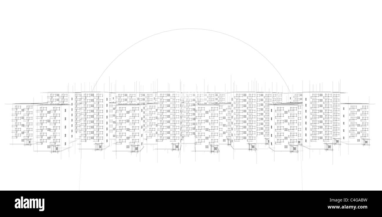 Illustrazione della città contro il tramonto Foto Stock