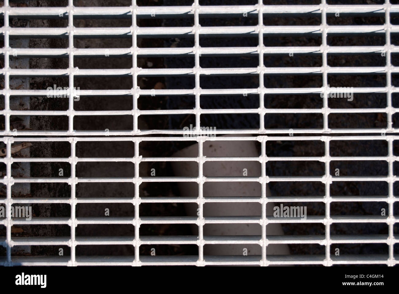 Una chiusura di una griglia di fognature Foto Stock