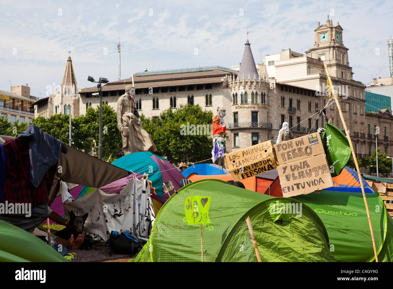 Cane a protestare camp a Placa de Catalunya, Barcelona, Spagna. Foto Stock