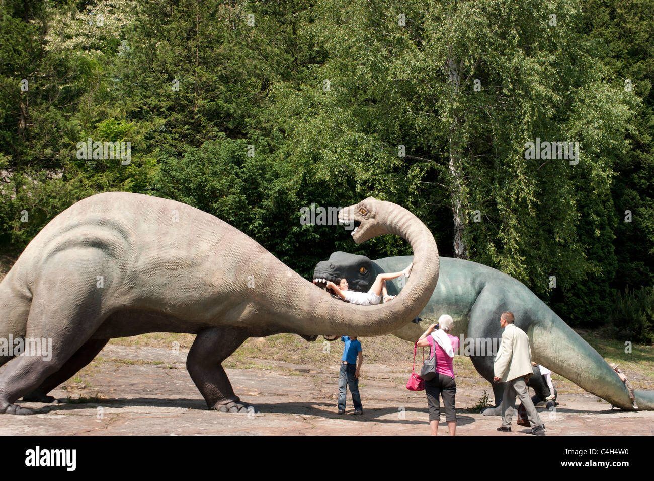 Combattere contro i dinosauri in valle dinosauri in zoo in Chorzow, nel sud della Polonia Foto Stock